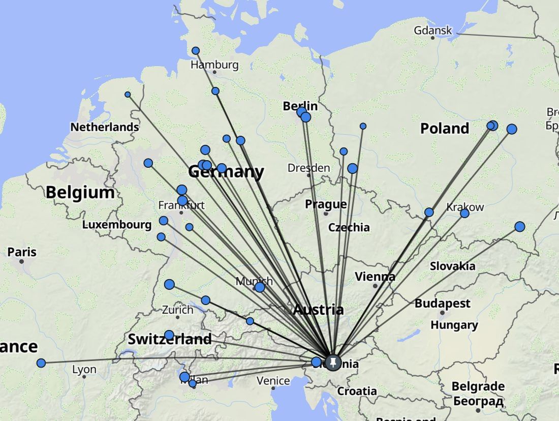 Die QSO-Karte von SI-0453 zeigt fast nur Verbindungen nach Norden